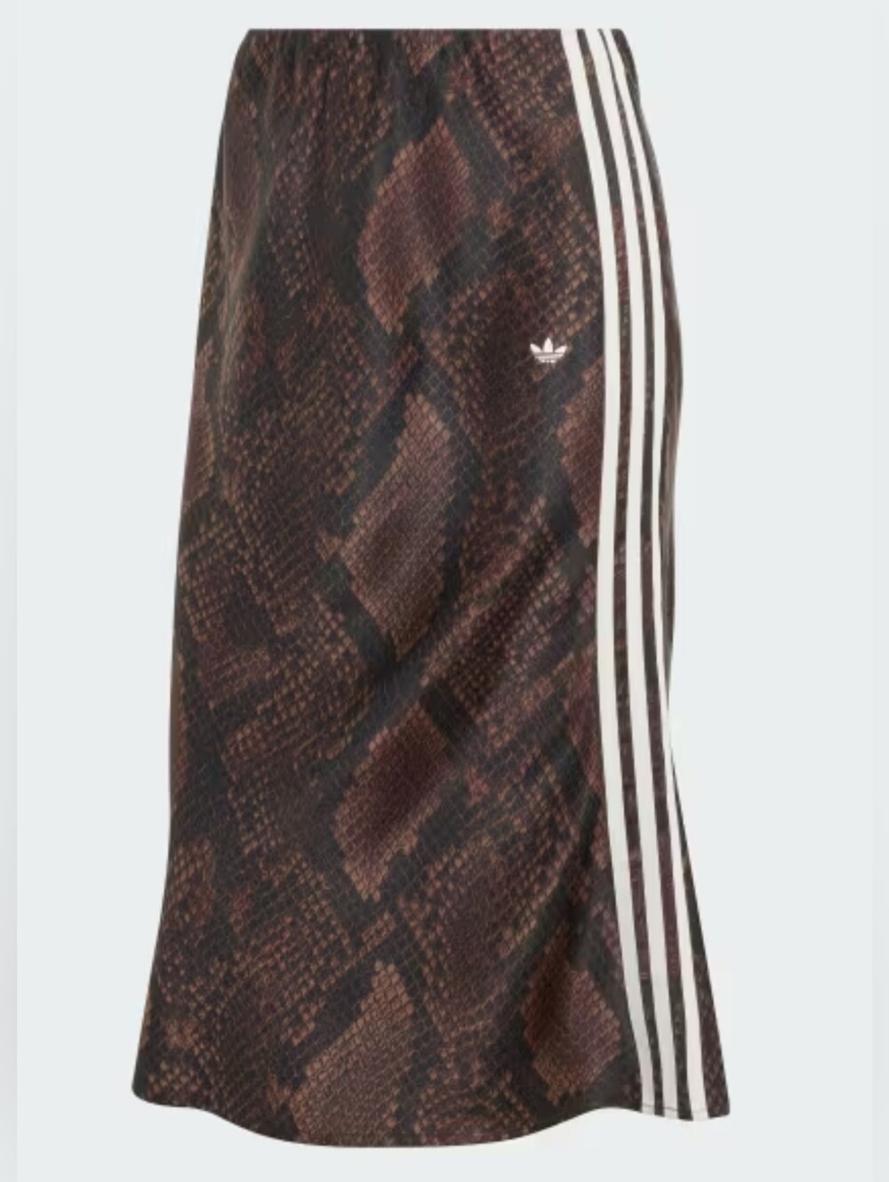Adidas Women Satin Dark Brown Snake-Print Maxi Skirt with White Side Stripes
